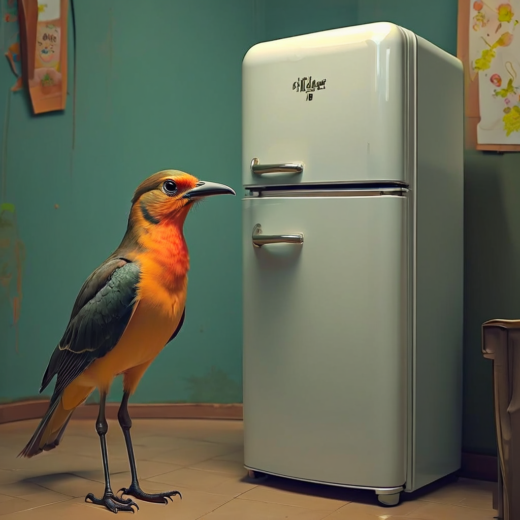 Bird next to refrigerator - Search-Guided