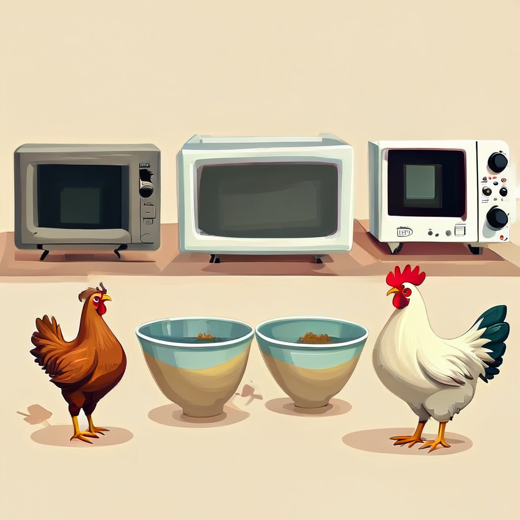 Two bowls three microwaves two chickens - Search-Guided