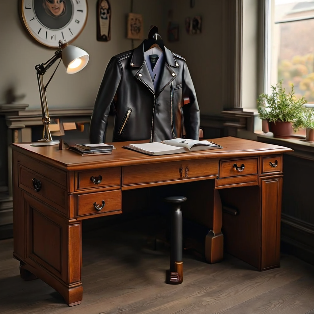 Wooden desk leather jacket - Search-Guided